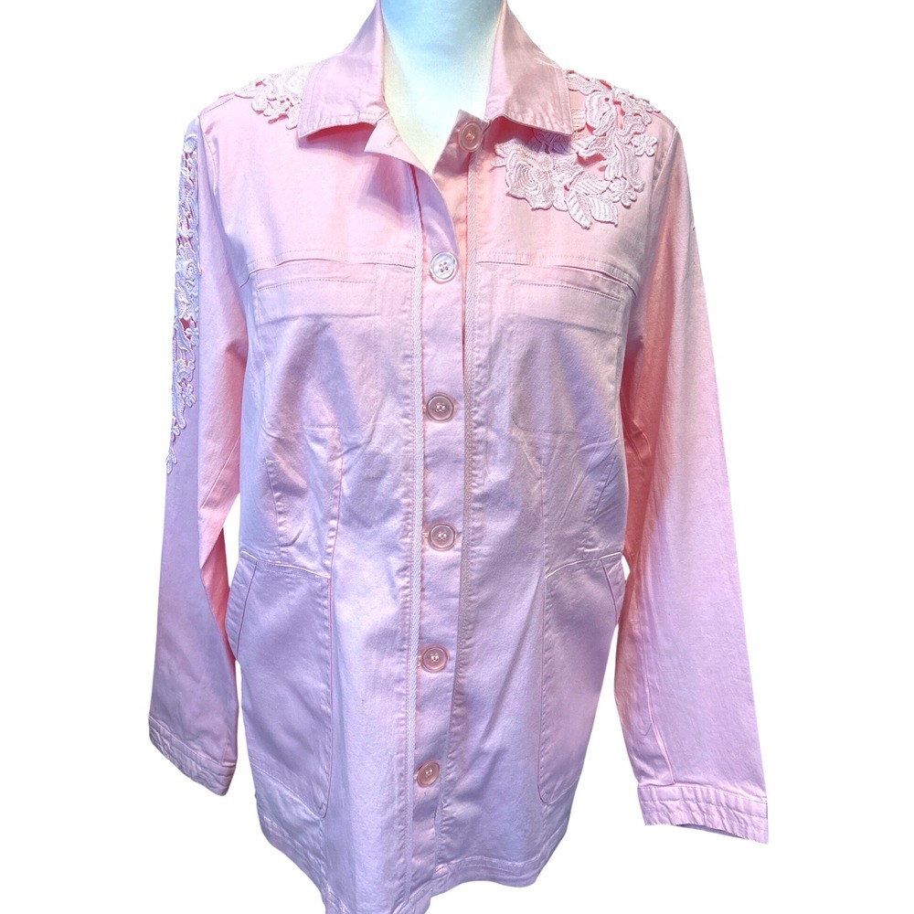 Peck & Peck Pink Denim Jacket Sz M Floral Lace Embroidered Stretch Cotton